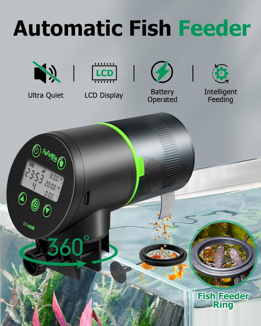 Papettly programmable aquarium food dispenser mounted on a glass fish tank rim with the clamp.