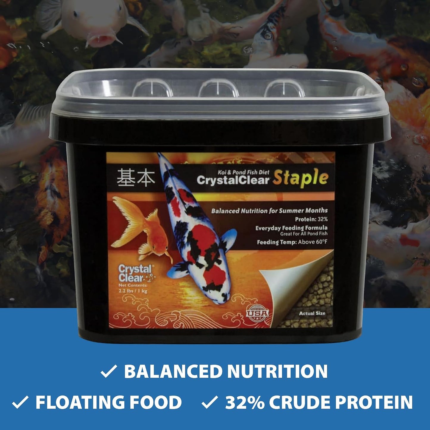 Back label of CrystalClear fish food showing 32% protein content