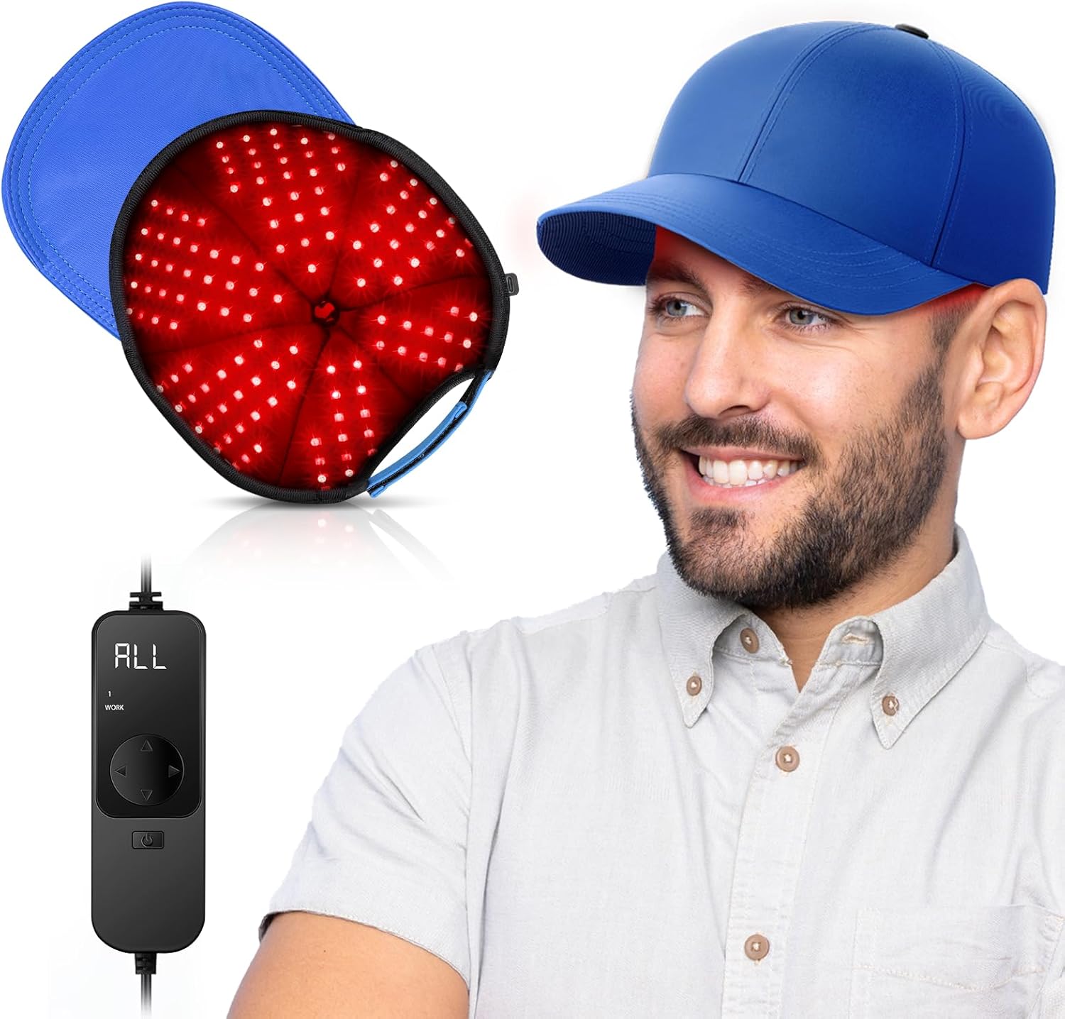 Relexnow Red Light Hair Growth Cap front view showing blue baseball cap design