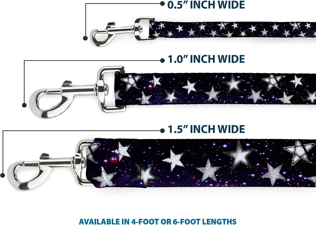 Full length view of the black and purple space themed nylon leash