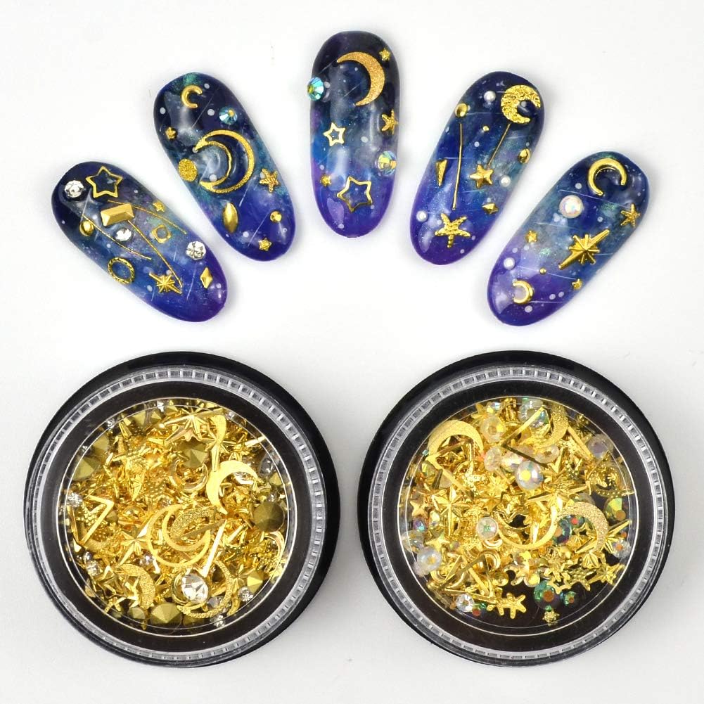 MEILINDS Gold Nail Studs Gems kit front view showing celestial moon and star designs