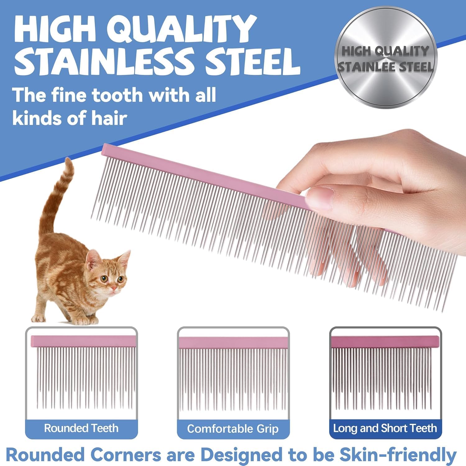 Stainless steel pet deshedding tool showing wide and narrow teeth alignment.