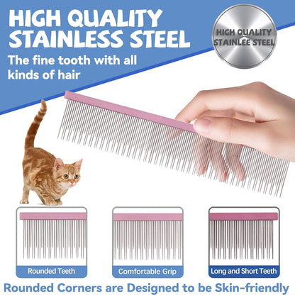 Stainless steel pet deshedding tool showing wide and narrow teeth alignment.