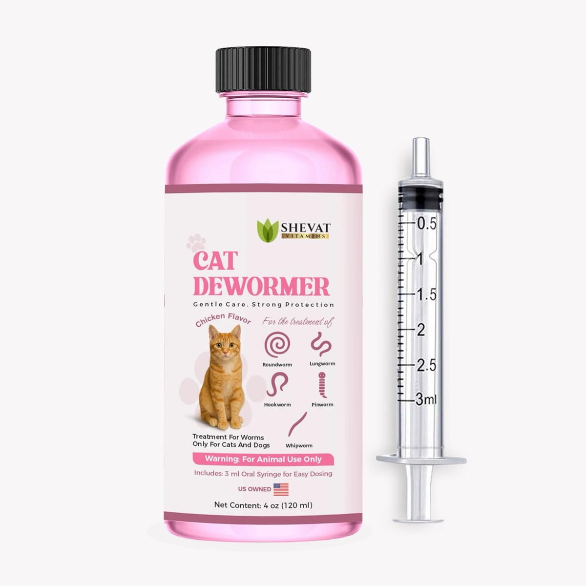 USA sourced Shevat Vitamins cat dewormer bottle showcasing easy-to-use oral formula