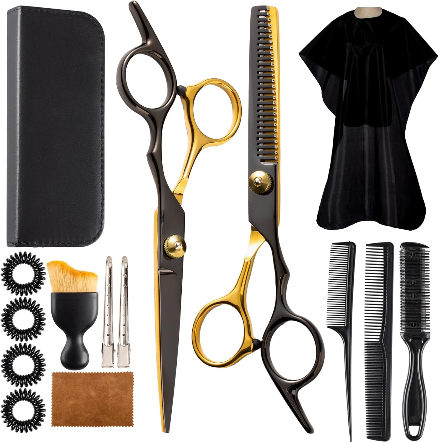 Lengnoyp professional hair cutting scissors 15 piece set front view showing black and gold shears