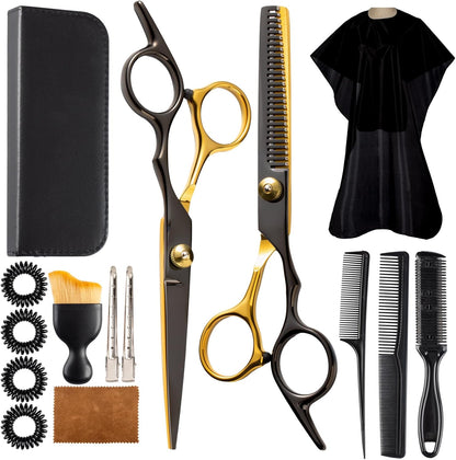 Lengnoyp professional hair cutting scissors 15 piece set front view showing black and gold shears