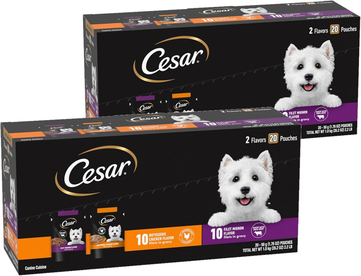 Cesar Filets in Gravy Wet Dog Food Rotisserie Chicken Flavor, Filet Mignon Flavor, and Wood-Grilled Chicken Variety Pack, Wet Food for Dogs, 1.76 oz. Mini-Pouches, 40 Count - Image 10