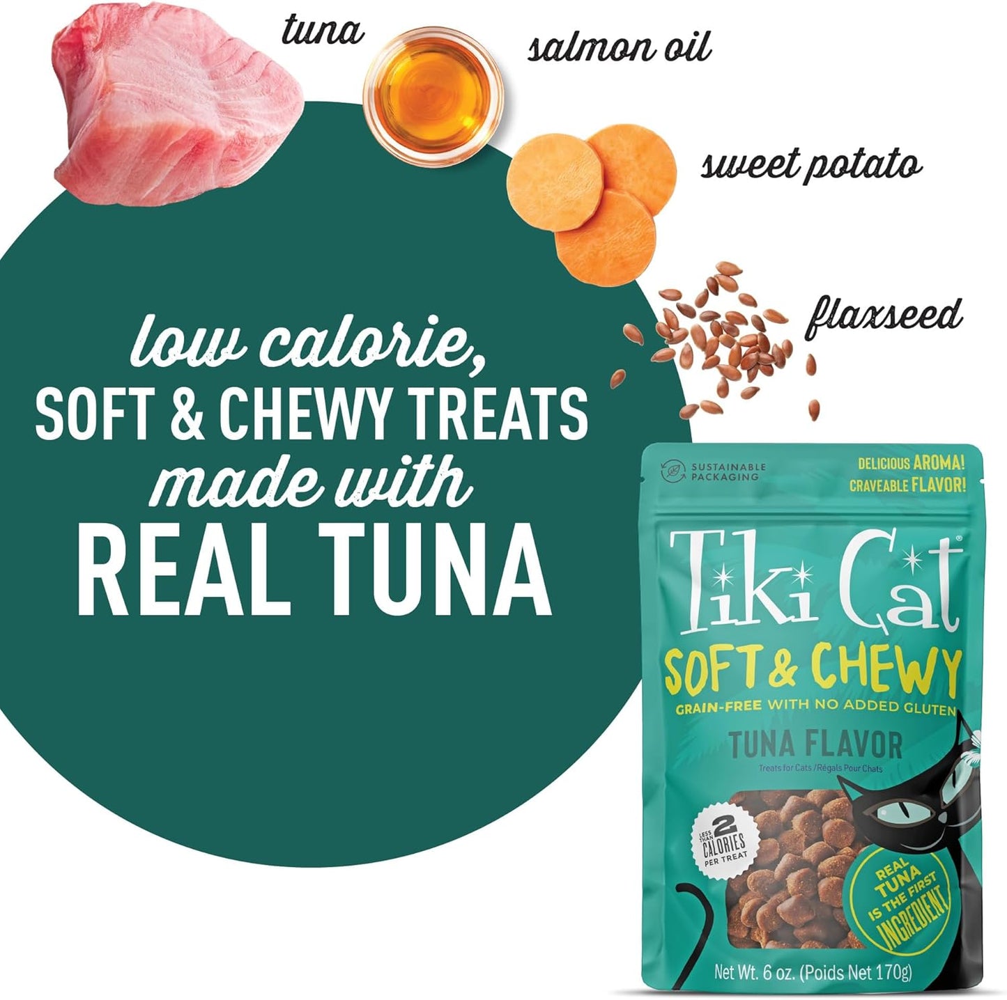 Tiki Pets cat treats 6 ounce pouch packaging details
