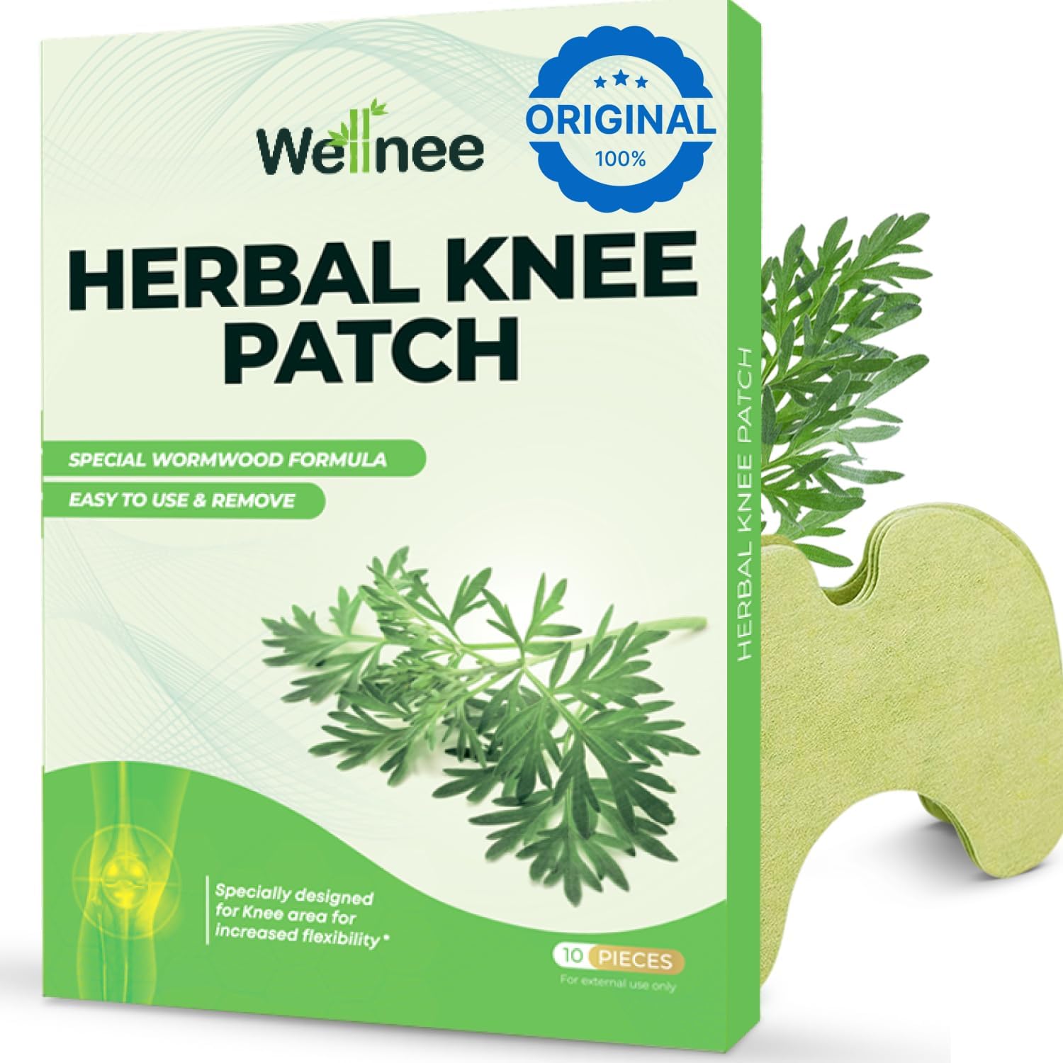 Wellnee Original Herbal Knee Patch packaging front view showcasing natural joint relief plaster.