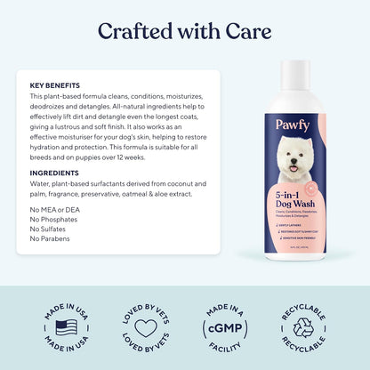 Pawfy sensitive skin dog shampoo 16 fluid ounces bottle for all breeds.