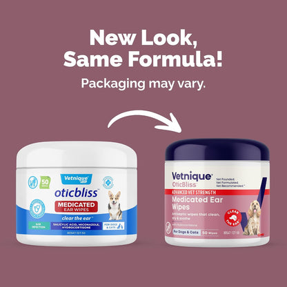 Vetnique Oticbliss 50 count medicated ear wipes packaging details