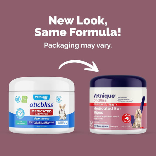 Vetnique Oticbliss 50 count medicated ear wipes packaging details