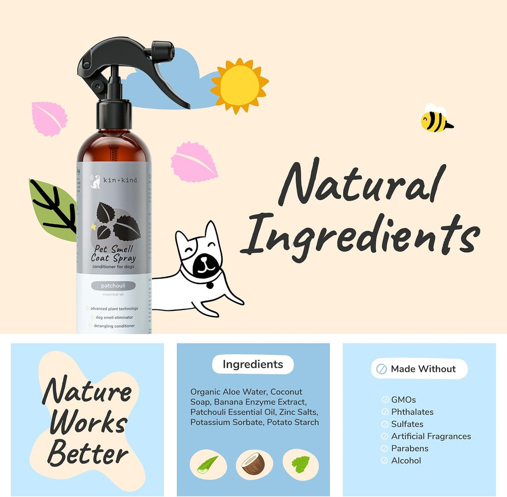 Kin+kind patchouli dog grooming spray for odor elimination