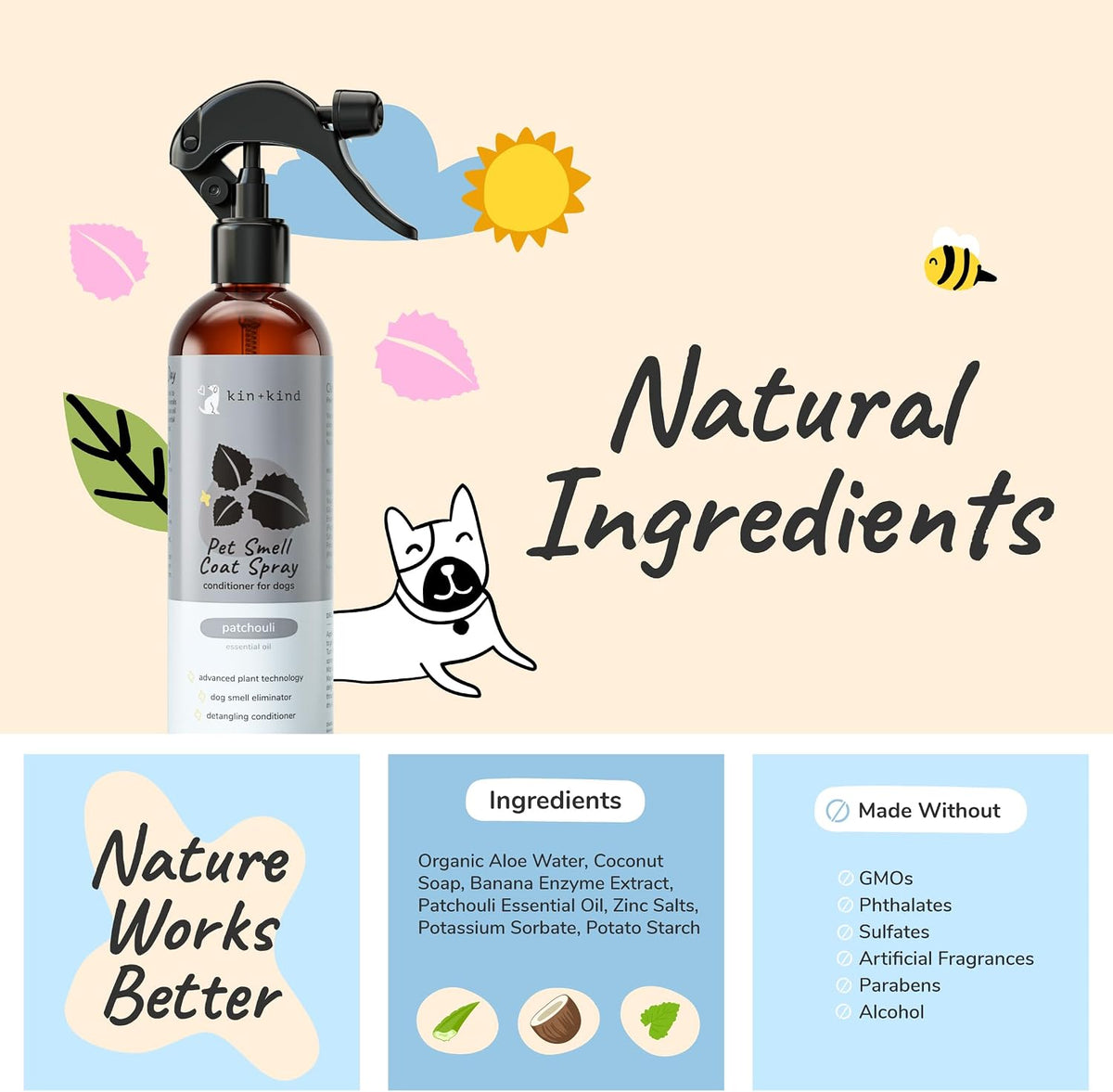 Kin+kind patchouli dog grooming spray for odor elimination