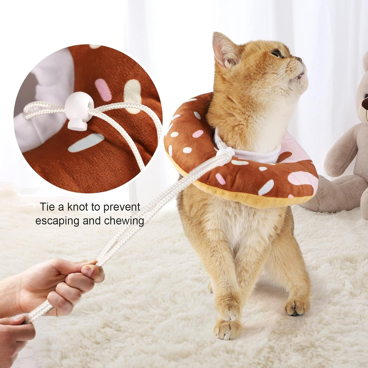 Cat eating comfortably while wearing a soft chocolate donut cone