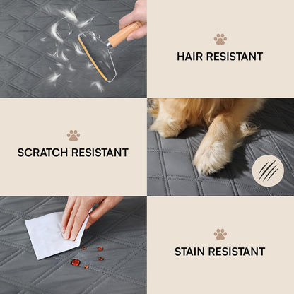 Grey Luciphia dog and cat sofa protector mat spread out on a living room bed.