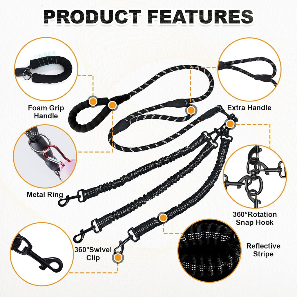 Heavy duty metal three hundred sixty degrees swivel connector on multi dog lead.