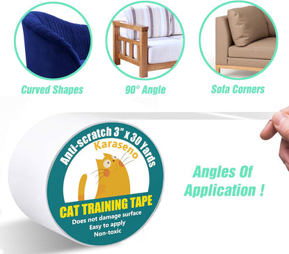 Cat scratching deterrent tape applied to fabric sofa