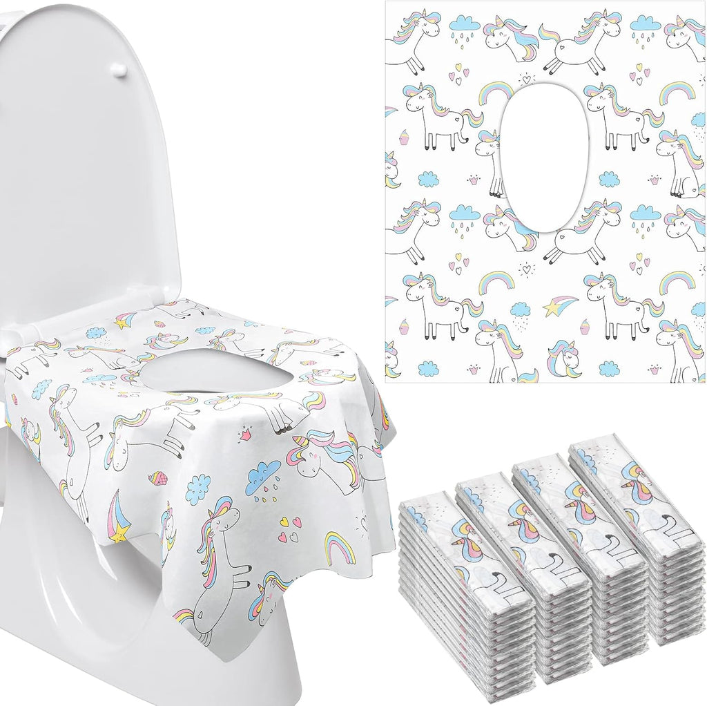 Mimorou disposable toilet seat covers pack front view highlighting the colorful unicorn design