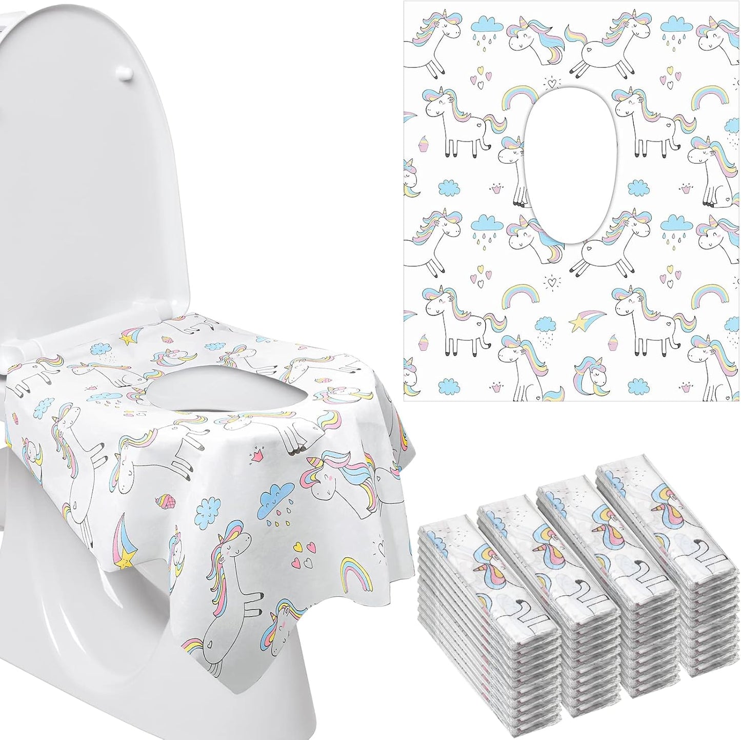 Mimorou disposable toilet seat covers pack front view highlighting the colorful unicorn design