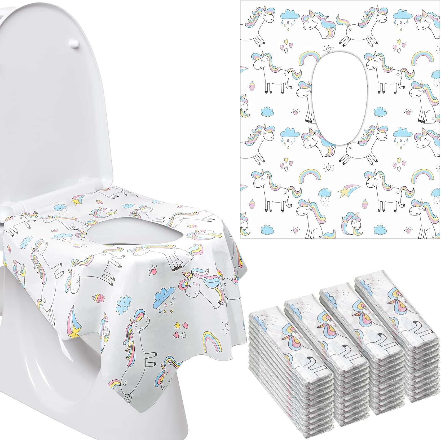 Mimorou disposable toilet seat covers pack front view highlighting the colorful unicorn design