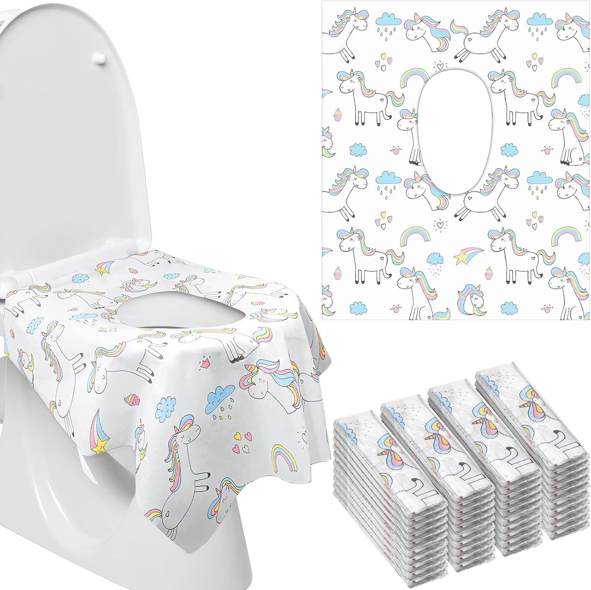Mimorou disposable toilet seat covers pack front view highlighting the colorful unicorn design