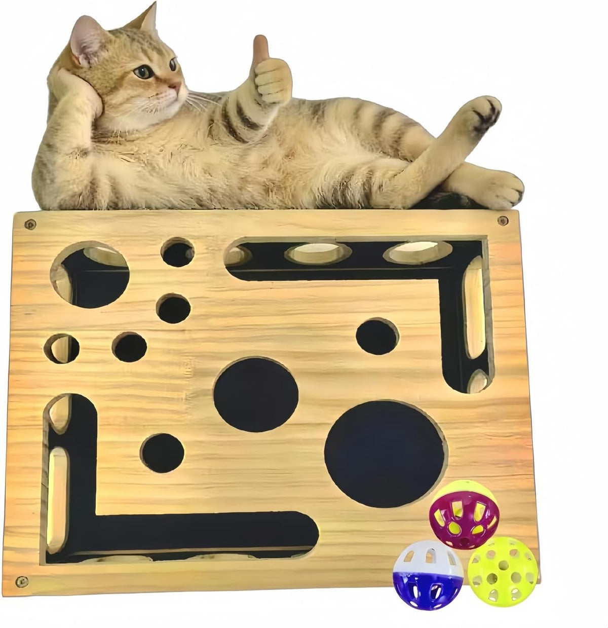 JHMFDDSB cat scratch puzzle enrichment box front view showcasing the solid wood maze design.