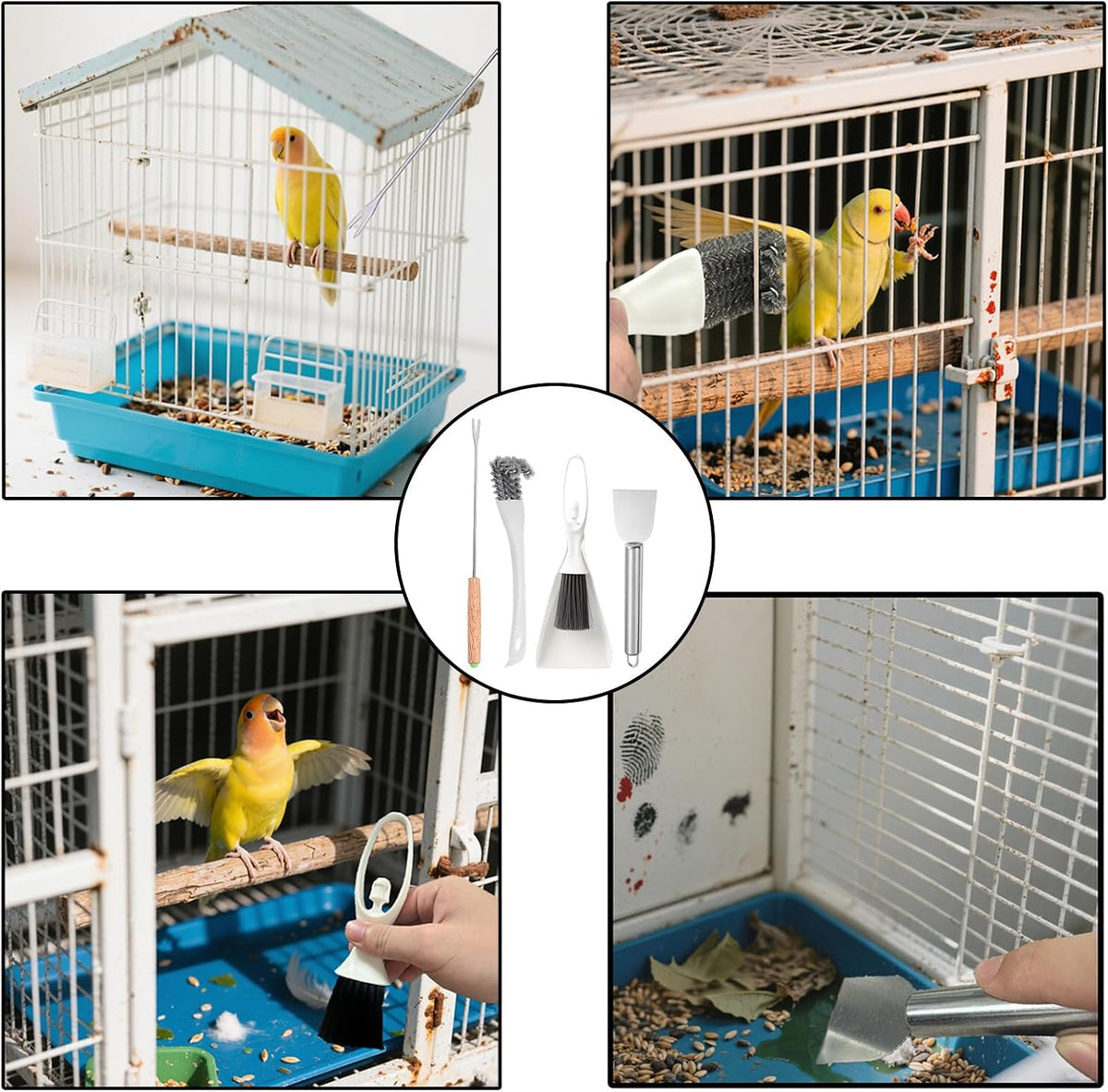 Ergonomic handles of the TOAINRSI birdcage cleaning tools demonstrating comfortable grip for pet owners.