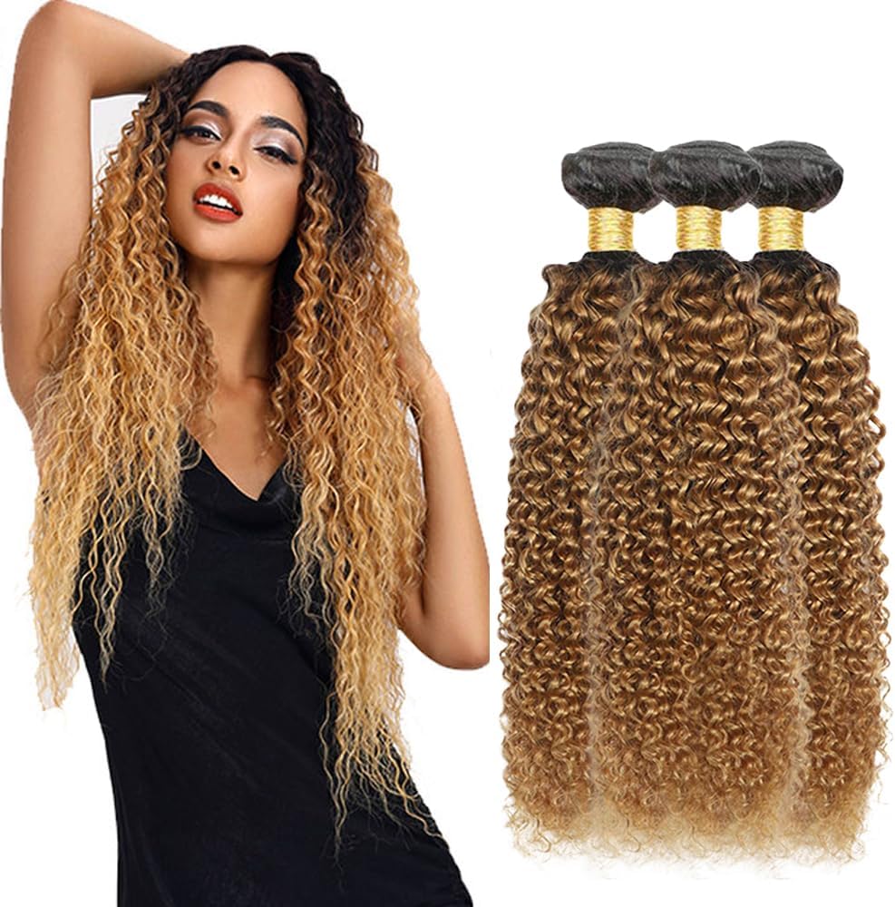 Younghann 1B27 Honey Blonde Curly Human Hair Bundles front view
