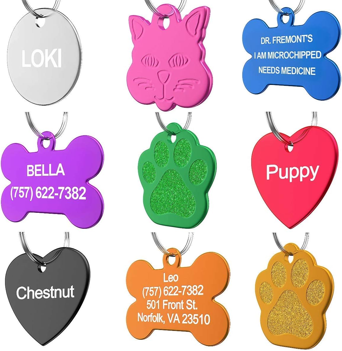 Close up shot of the clean durable laser etching on a bone shaped tag.