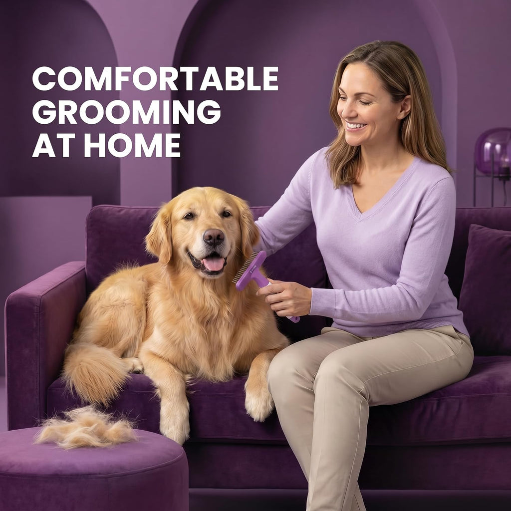 POODLIE Poodle Pet Dog Grooming Rake| Dematting Tool with Stainless Steel Shedding Comb for Pets | 2 Rows of Pins Gently Remove Loose or Tangled Hair from Undercoat | Purple Handle - Image 9