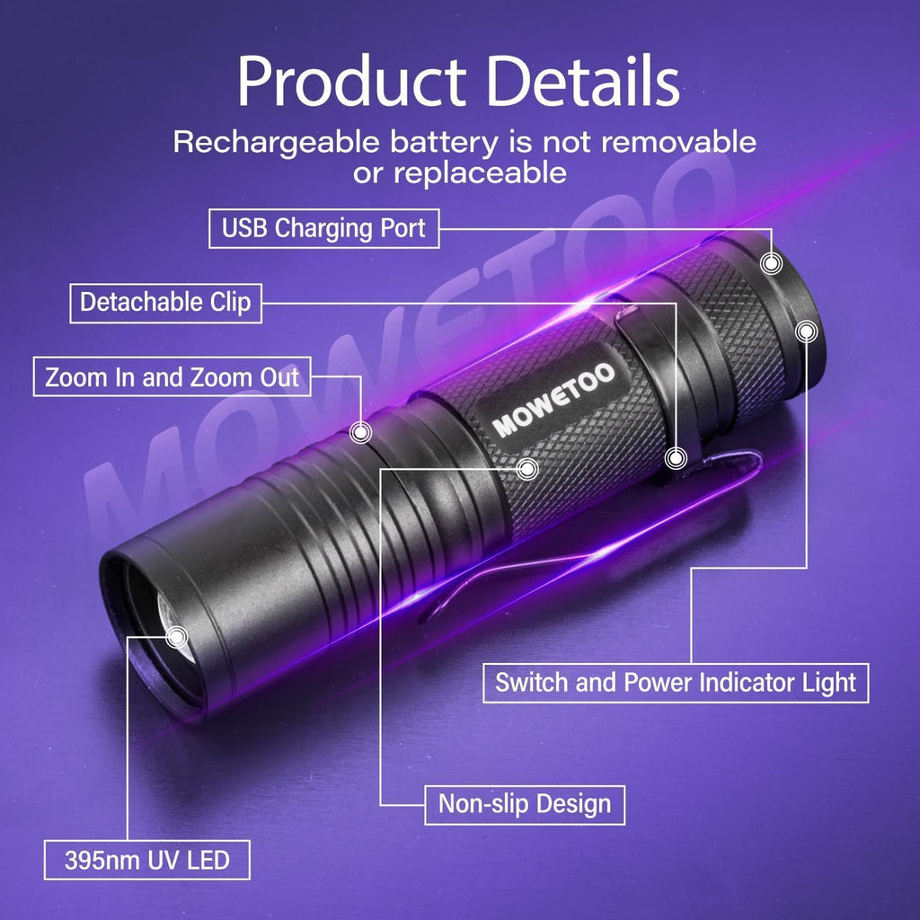 Crafting setup showing the MOWETOO rechargeable blacklight being used to cure clear UV resin projects.