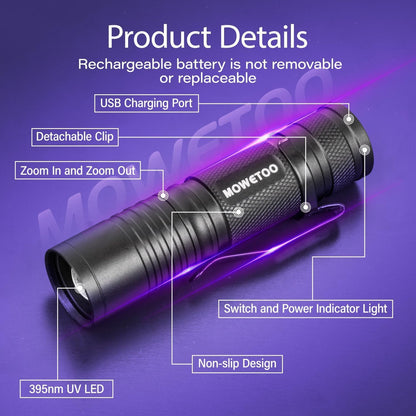 Crafting setup showing the MOWETOO rechargeable blacklight being used to cure clear UV resin projects.
