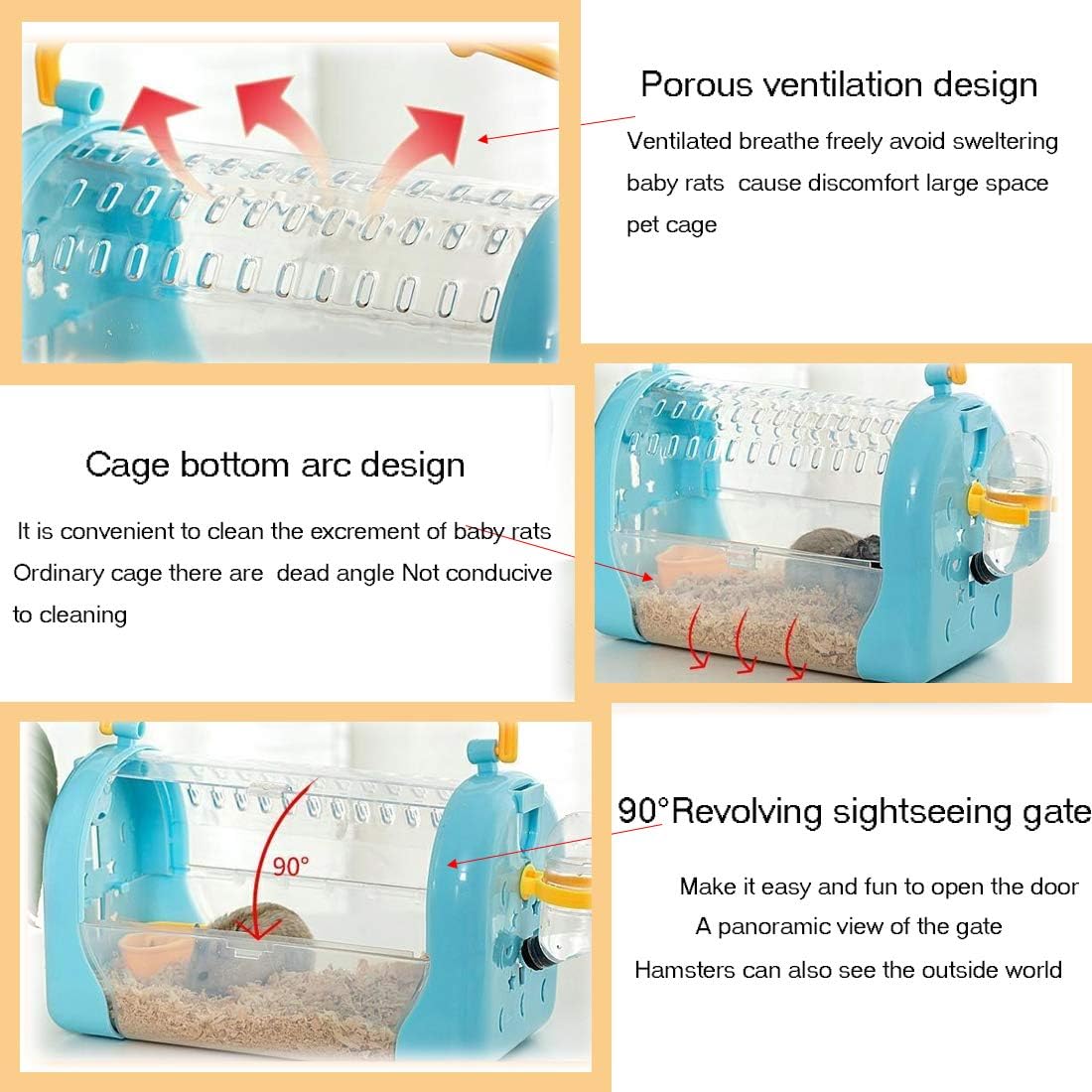 kathson Hamster Cage Travel Carrier Portable Cage with Water Bottle Outgoing Cage and Adjustable Strap Pet Cage for Small Pet Hedgehog Sugar Glider Squirrel MiceBlue - Image 3