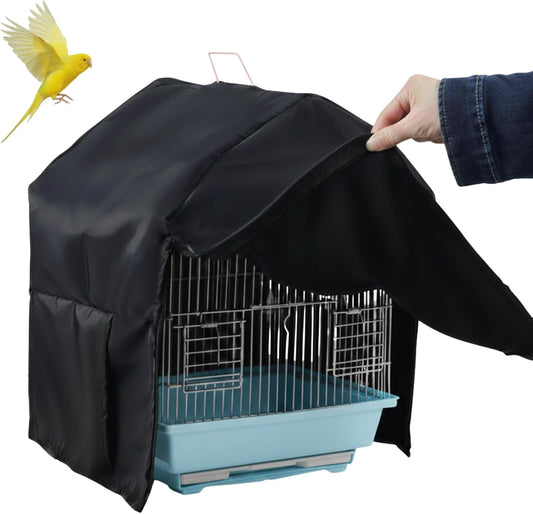 Marsrut bird cage cover front view showing black blackout material on a small square cage