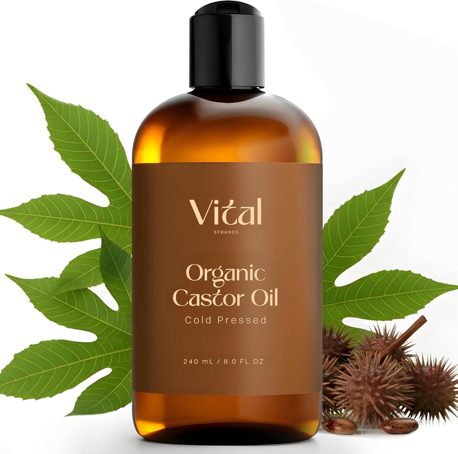 Vital Strands Castor Oil 8 Ounce front view organic hair growth treatment.