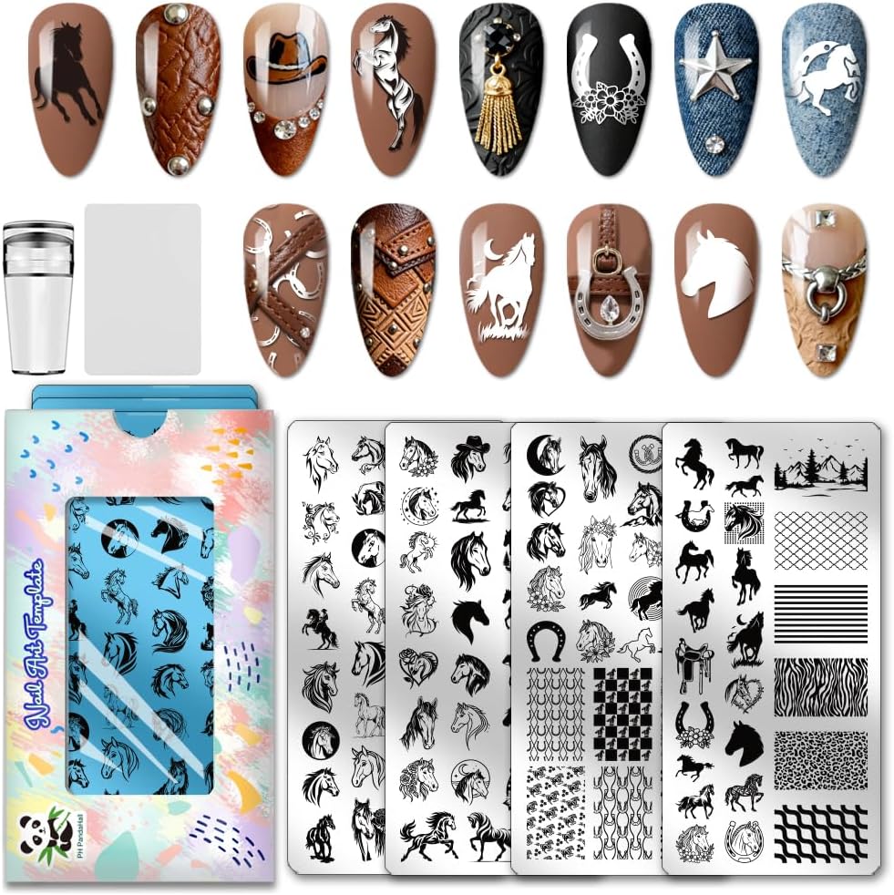 PH PandaHall horse nail stamping plate set front view showing four stainless steel templates