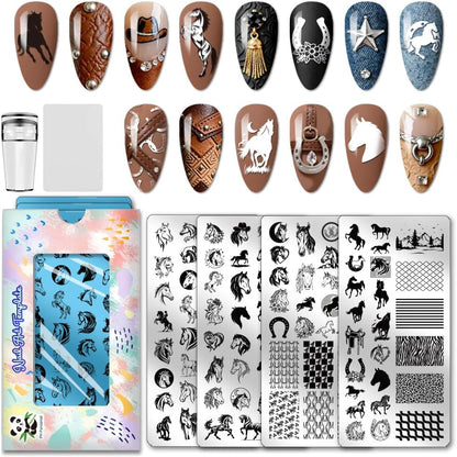 PH PandaHall horse nail stamping plate set front view showing four stainless steel templates