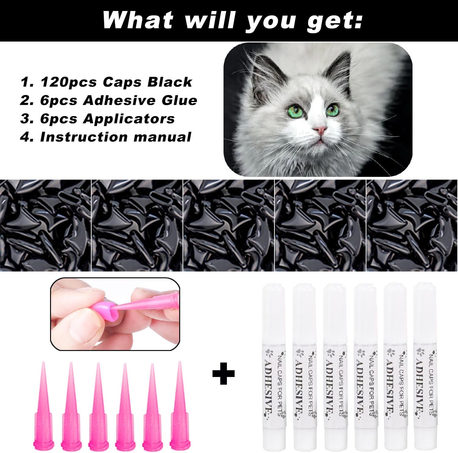 Complete pack of one hundred twenty pieces premium cat claw caps with glue
