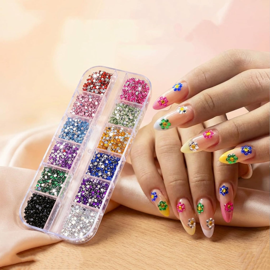 EditTime 12 Colors Nail Art Gems Kit front view of 12-grid organizer box