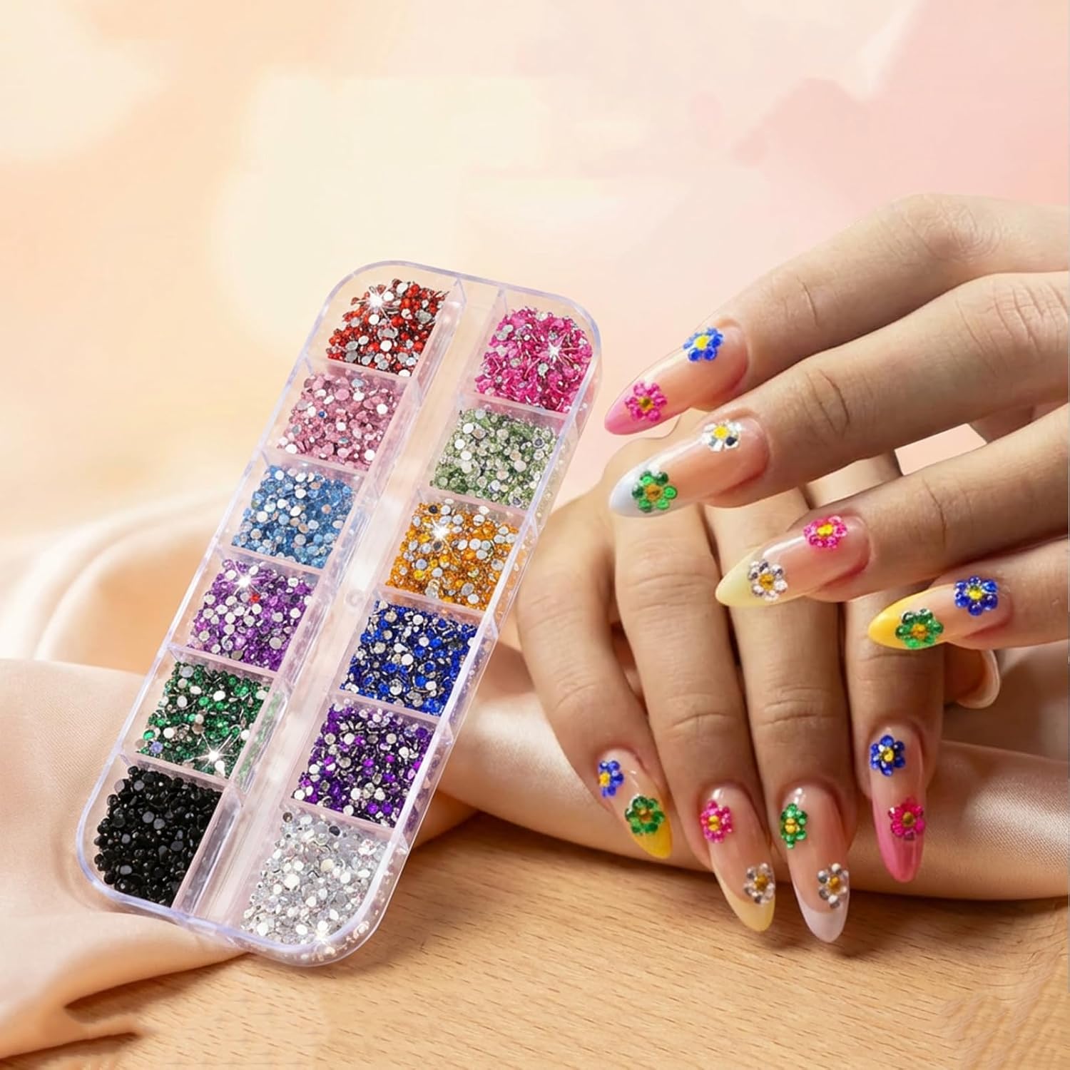 EditTime 12 Colors Nail Art Gems Kit front view of 12-grid organizer box