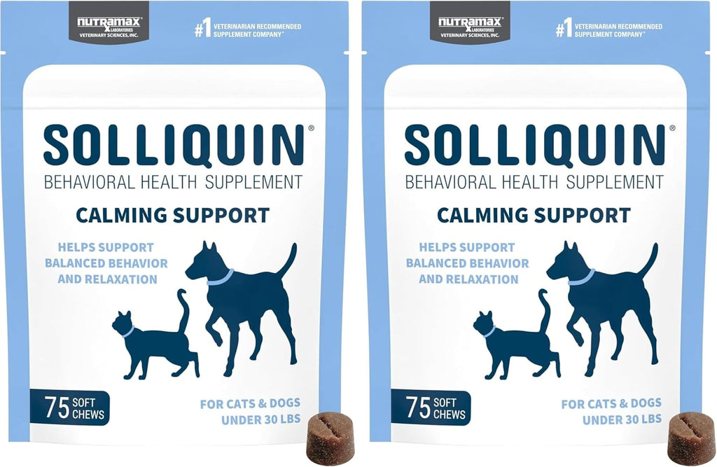 Premium canine stress relief chews bottle back label with directions for use.