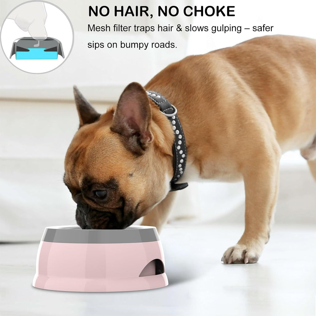 Pink non splash pet water bowl with automatic floating disk mechanism