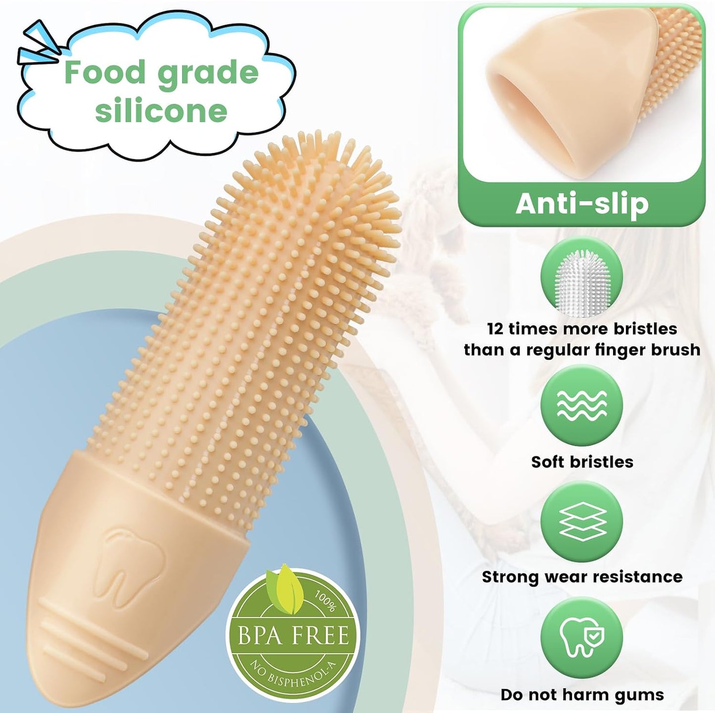 Pet owner using silicone finger toothbrush on a dog