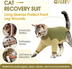 Side view of cat wearing Qbleev surgical onesie