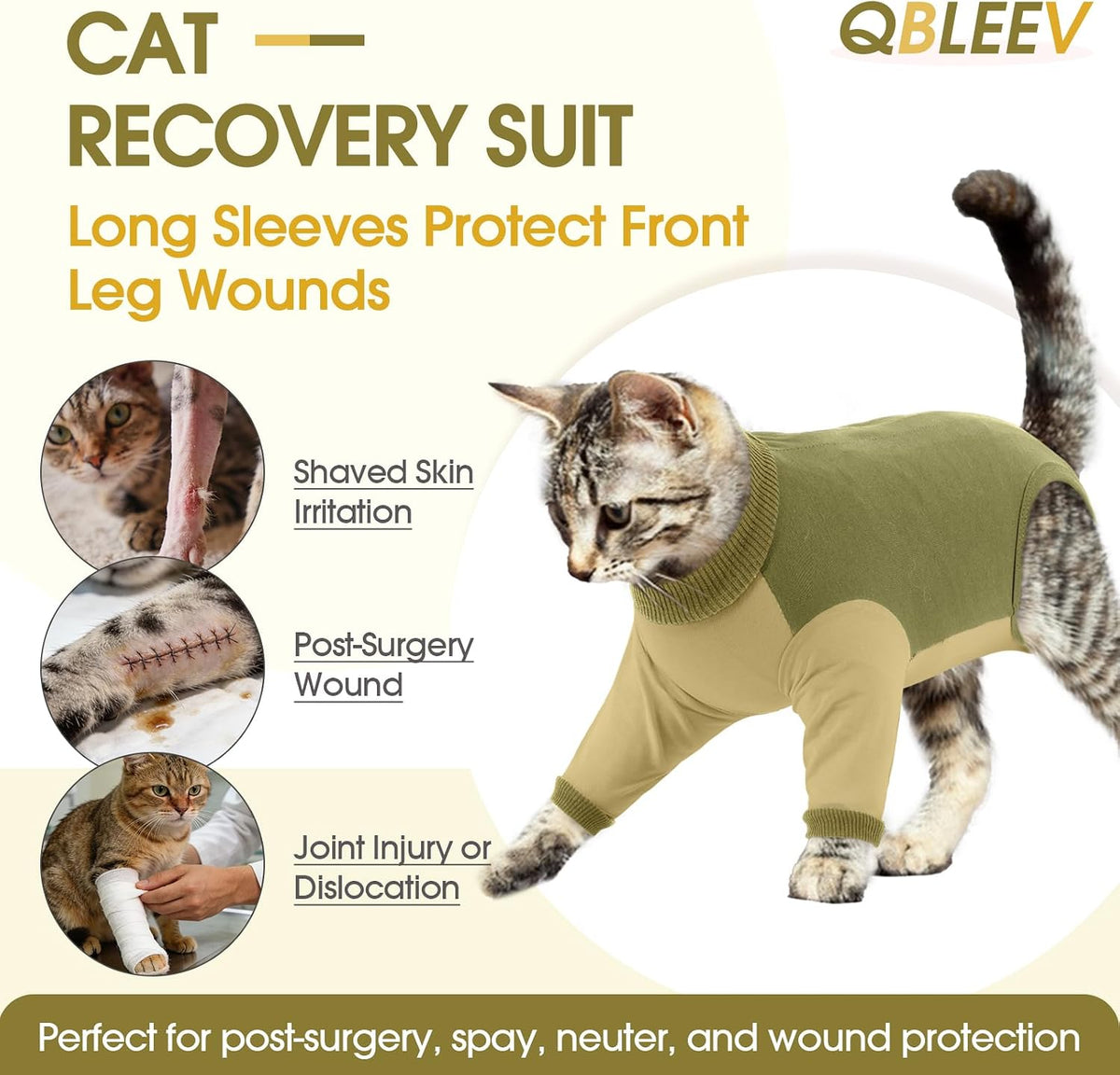 Side view of cat wearing Qbleev surgical onesie