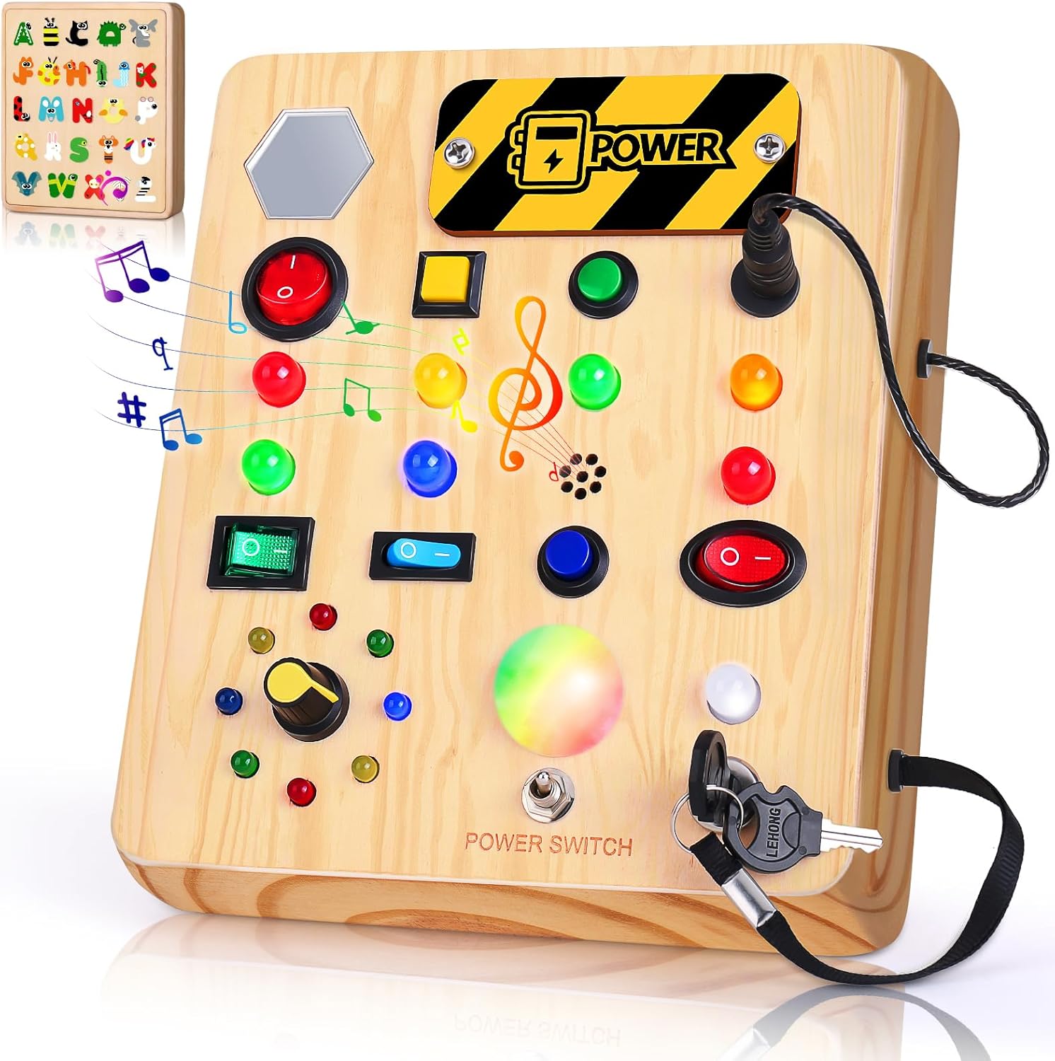 Tintecusa wooden sensory busy board front view showing thirteen LED lights and eight colorful buttons
