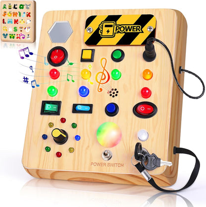 Tintecusa wooden sensory busy board front view showing thirteen LED lights and eight colorful buttons