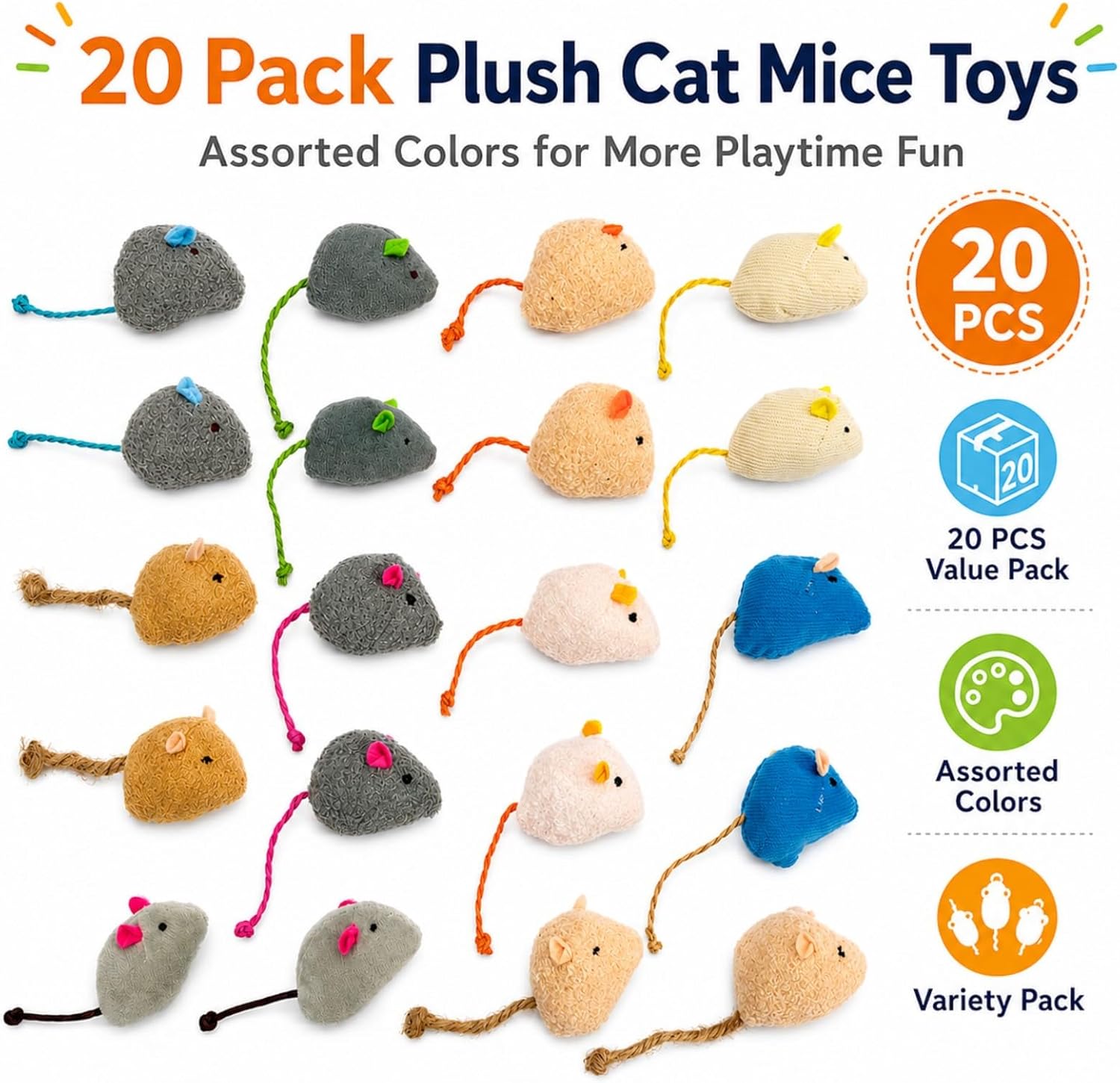 Plush mice cat toys with natural catnip stuffing and durable rope tails spread out.