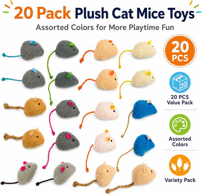 Plush mice cat toys with natural catnip stuffing and durable rope tails spread out.